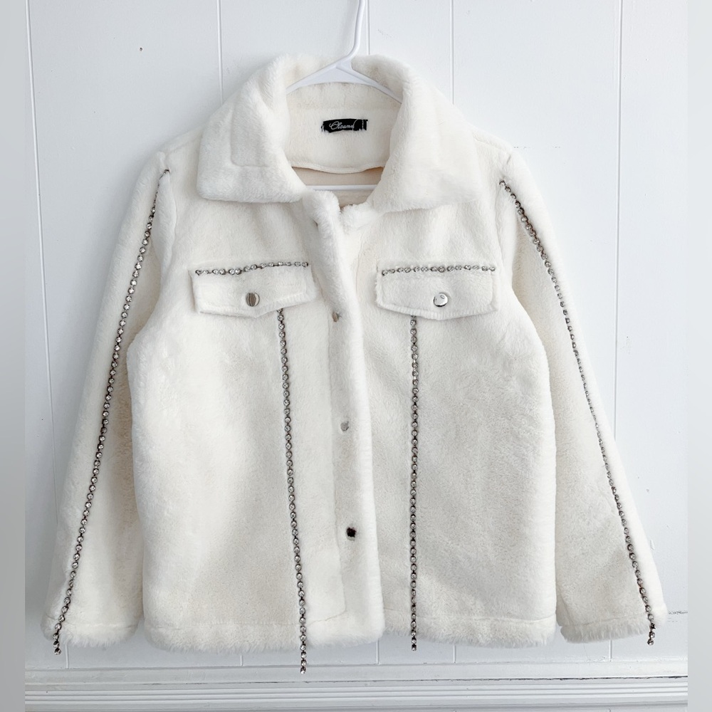 White faux fur jacket with rhinestones for women